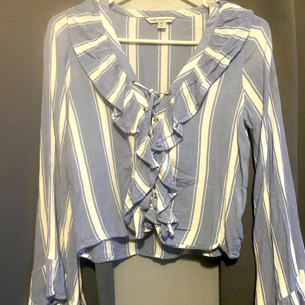 American Eagle blue and white striped, ruffle collar, lace up shirt size xs